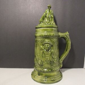 Ceramic 3D Beer Stein w/Lid Handpainted  Pictorial Folk Art of Deer Hunter & Dog